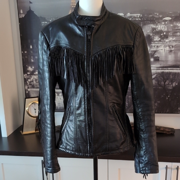 Wolff Women's Black Leather Fringe Biker Jacket, Size 38. - Picture 1 of 13